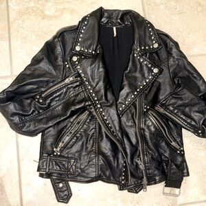 Free People Moto Jacket Women's Black Solid Full Zip Studded Faux Leather